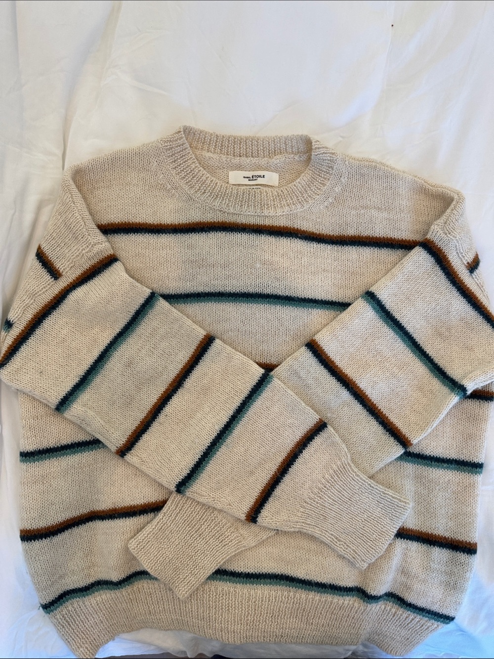 Striped Beige Crewneck Sweater with Teal and Brown Accents